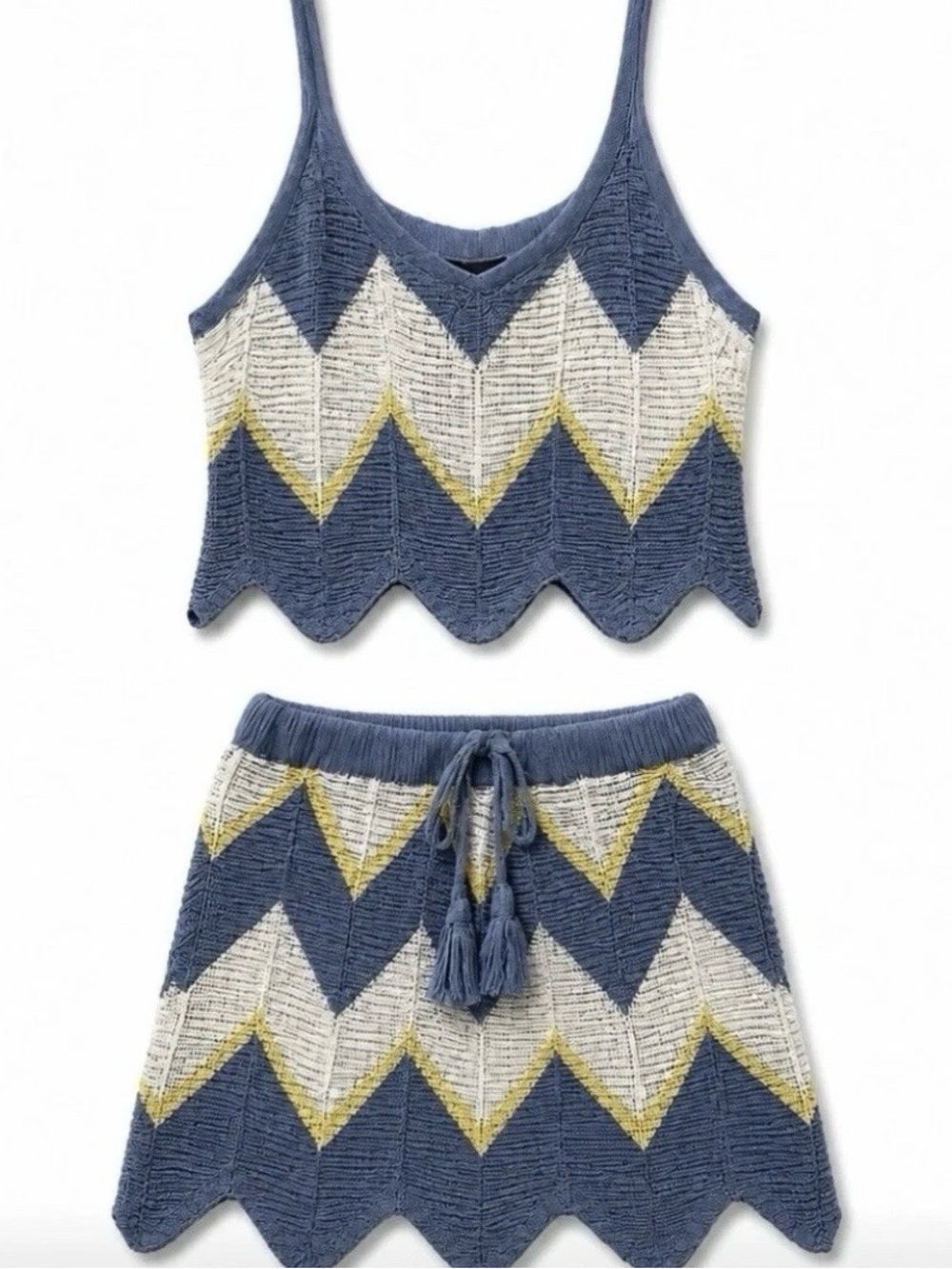XL Hippie  Chevron Knit Crop Top & Skirt Set - Blue/Cream